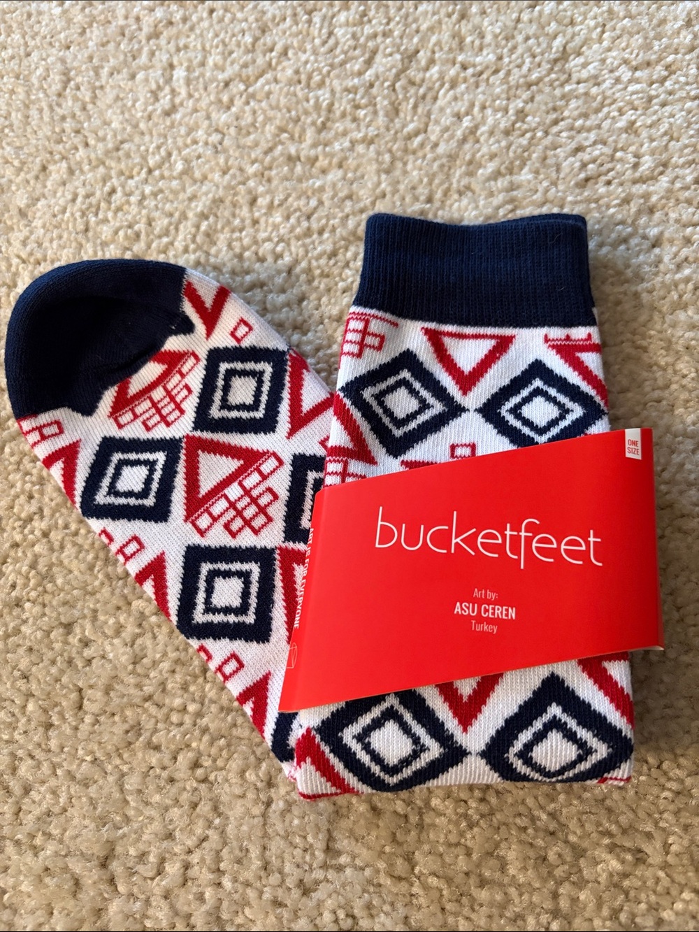 Bucket Feet Men’s Geometric Crew Socks in Navy, Red & White - One Size NWT
